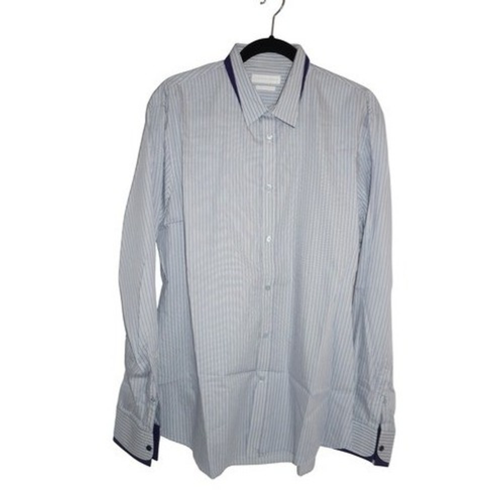 Alexander McQueen Mens Blue White Striped Button Down Shirt Trim 17